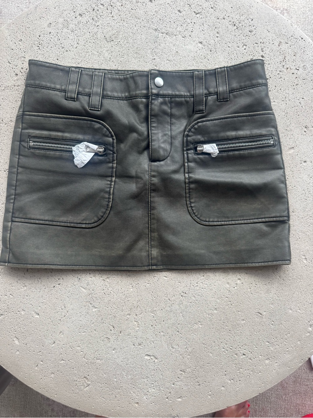 Mango Olive Faux Leather Mini Skirt with Zip Pockets